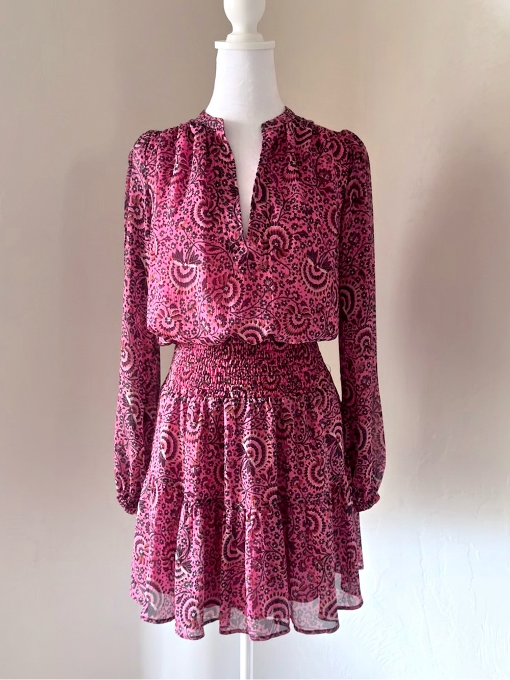 A.L.C. Sari Silk Mini Dress Pink Printed Chiffon Long Sleeve Smocked Waist 2
